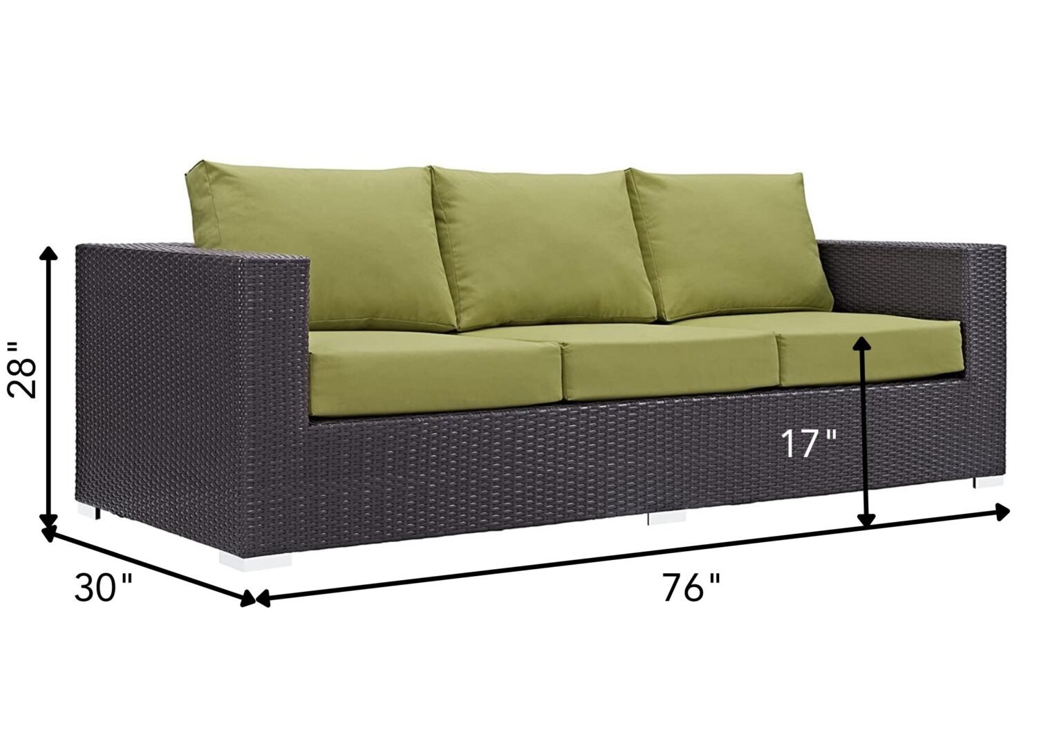 Dark Brown 3-Seater Wicker Rattan Patio Sofa & Green Cushions - Image 2