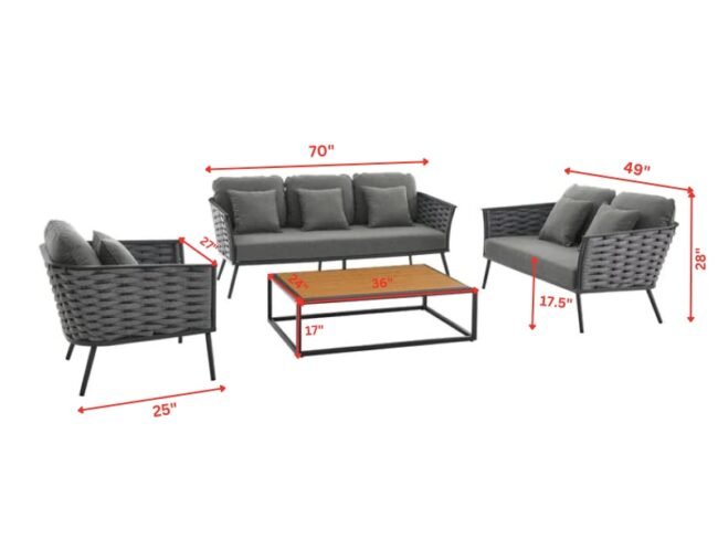 4-Piece Devoko Outdoor Rope Sofa Set with Wooden Top Table - Grey - Image 2