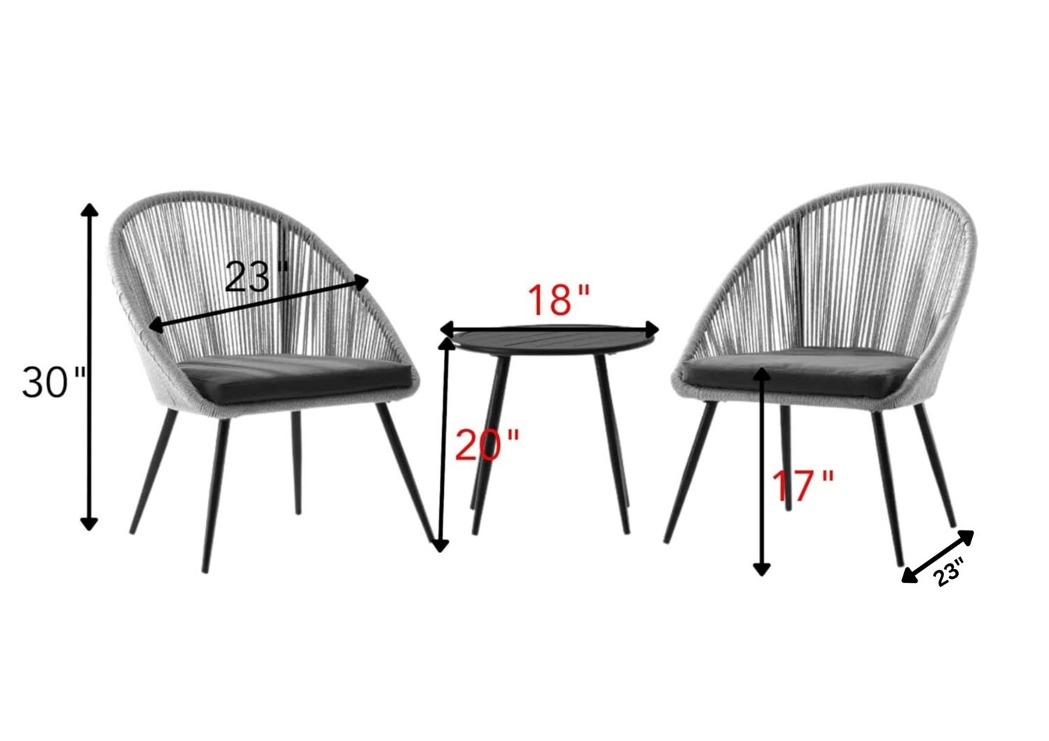 DEVOKO 3 Piece Woven Rope Patio Furniture Set (Black & Grey) - Image 2