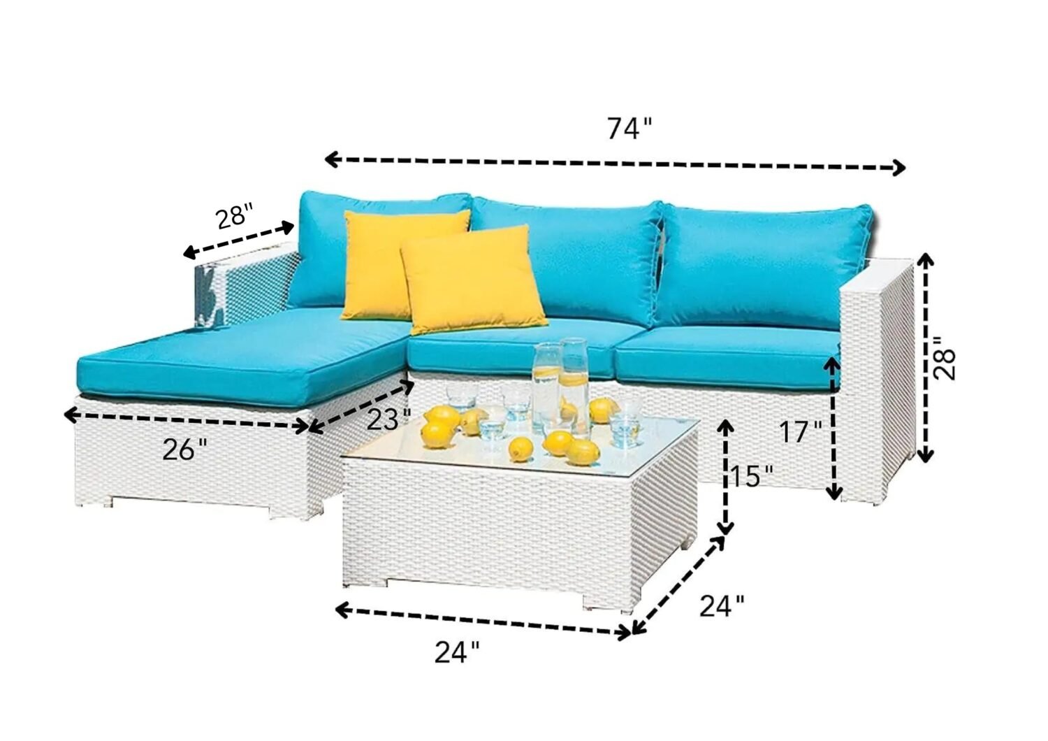 3 Piece Rattan Sectional Sofa Set (White/Turquoise) - Image 2