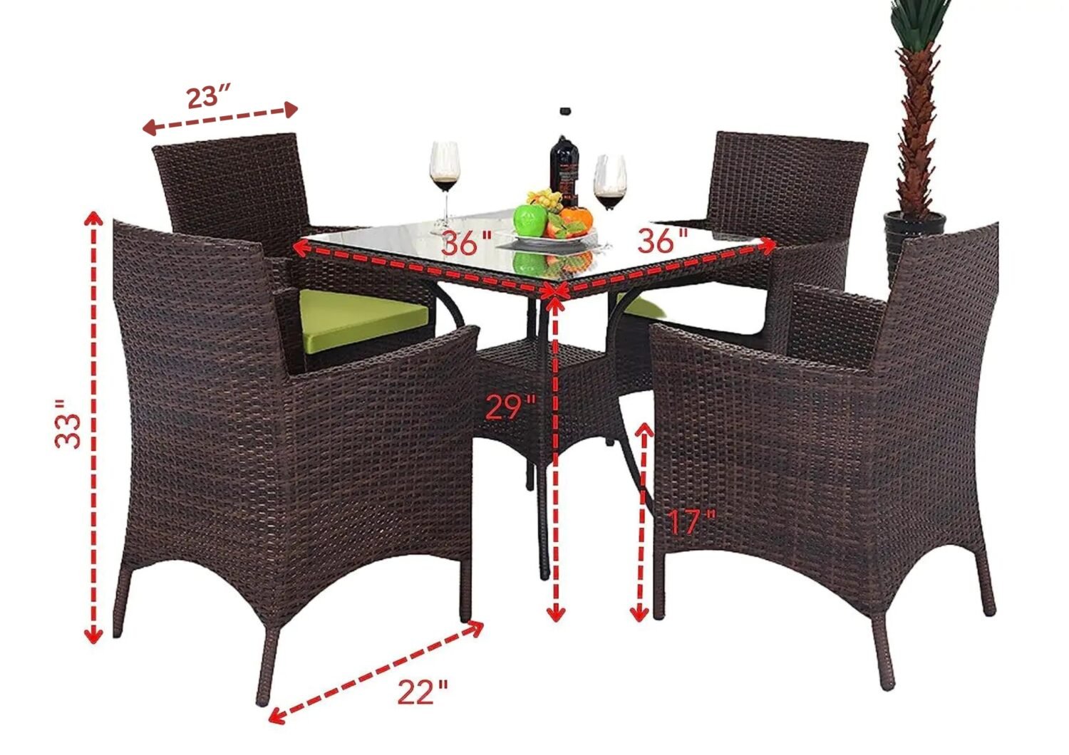 5-Piece Wicker Patio Dining Furniture Set with Seat Cushion(Dark Brown and Green) Table Without Glass Top - Image 2