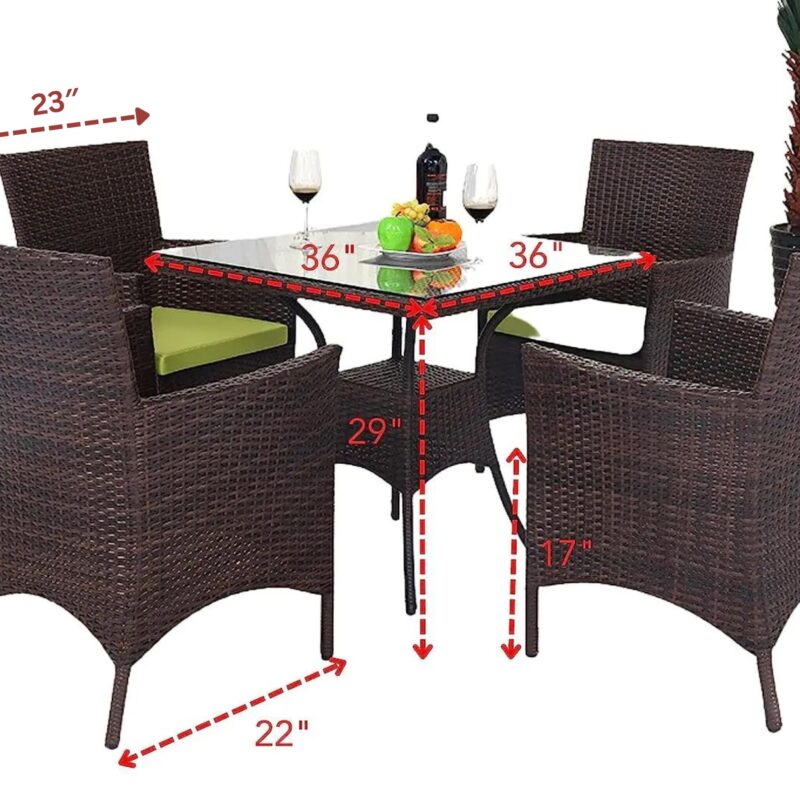 5-Piece Wicker Patio Dining Furniture Set with Seat Cushion(Dark Brown and Green) Table Without Glass Top - Image 2