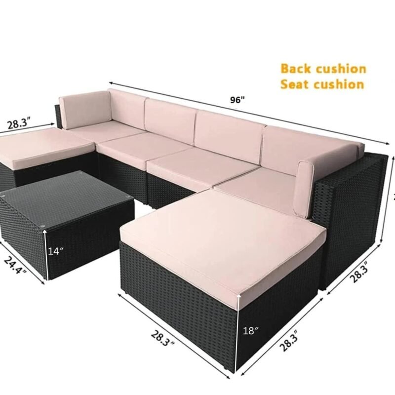 7-Piece Rattan & Wicker Sectional Set (Black/Cream) - Image 2