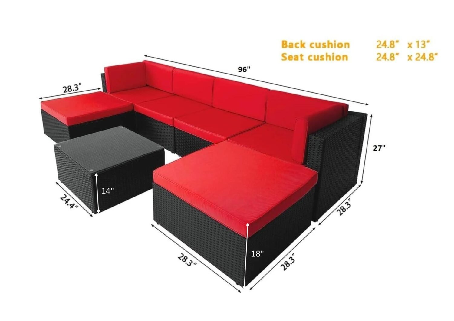 7-Piece Rattan & Wicker Sectional Set (Black/Red) - Image 2