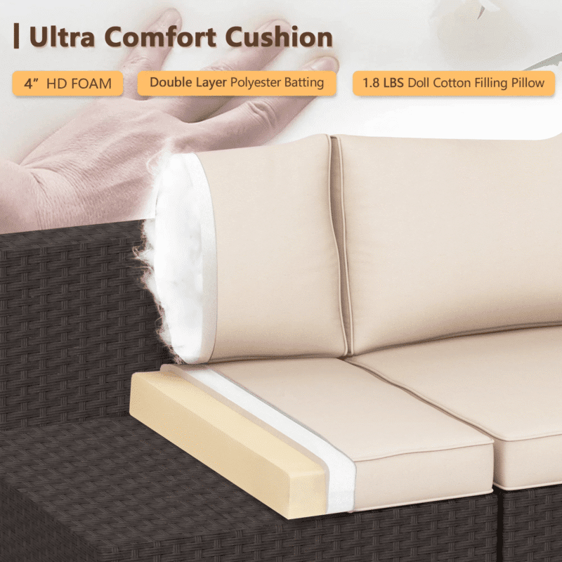 DEVOKO 3 PCS Patio Rattan Furniture Set Sectional Cushioned Sofa(Dark Brown & Cream) - Image 3