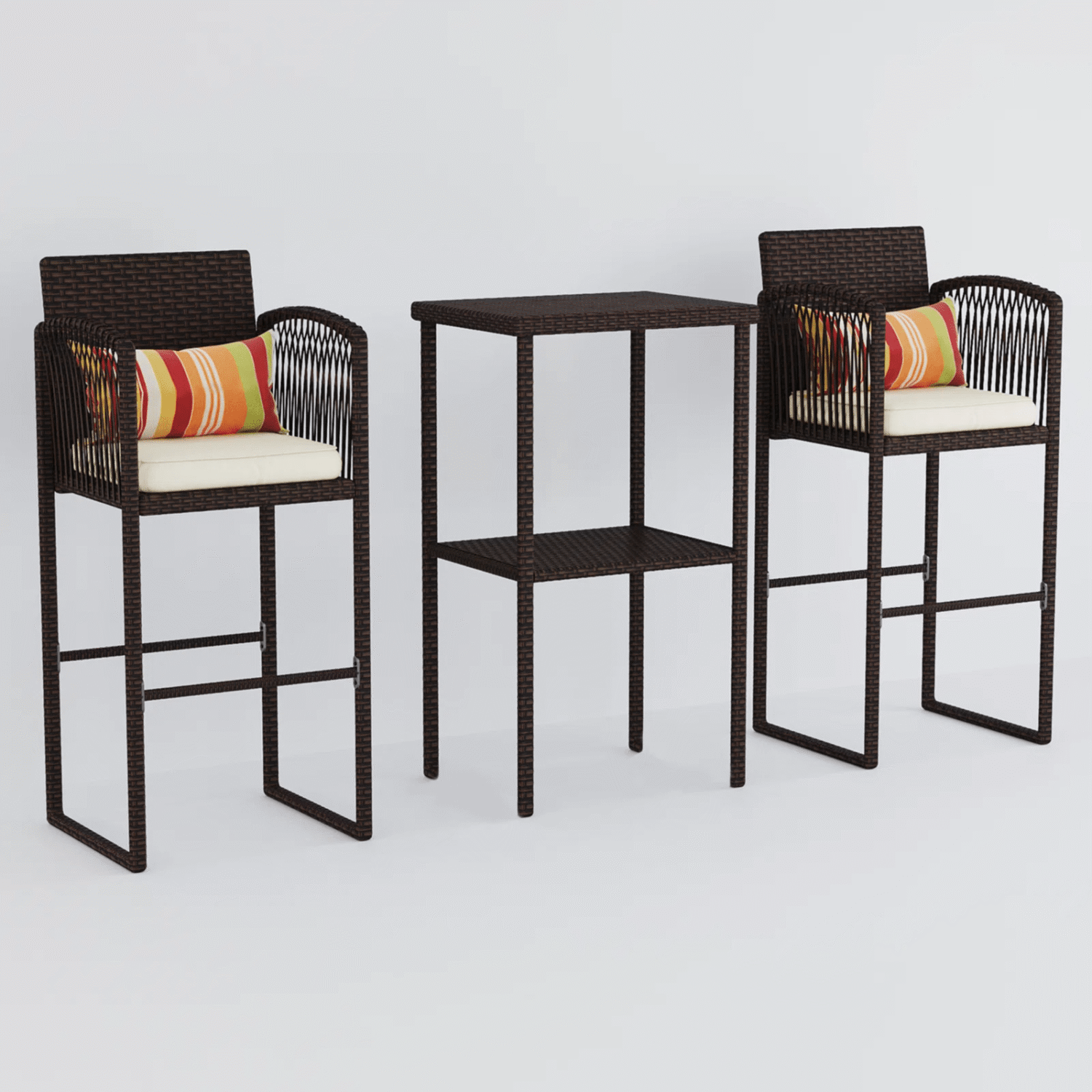 DEVOKO Patio 3 Piece Bar Set With Heighted Stools & Table For Outdoor & Indoor (Dark Brown & White) - Image 3