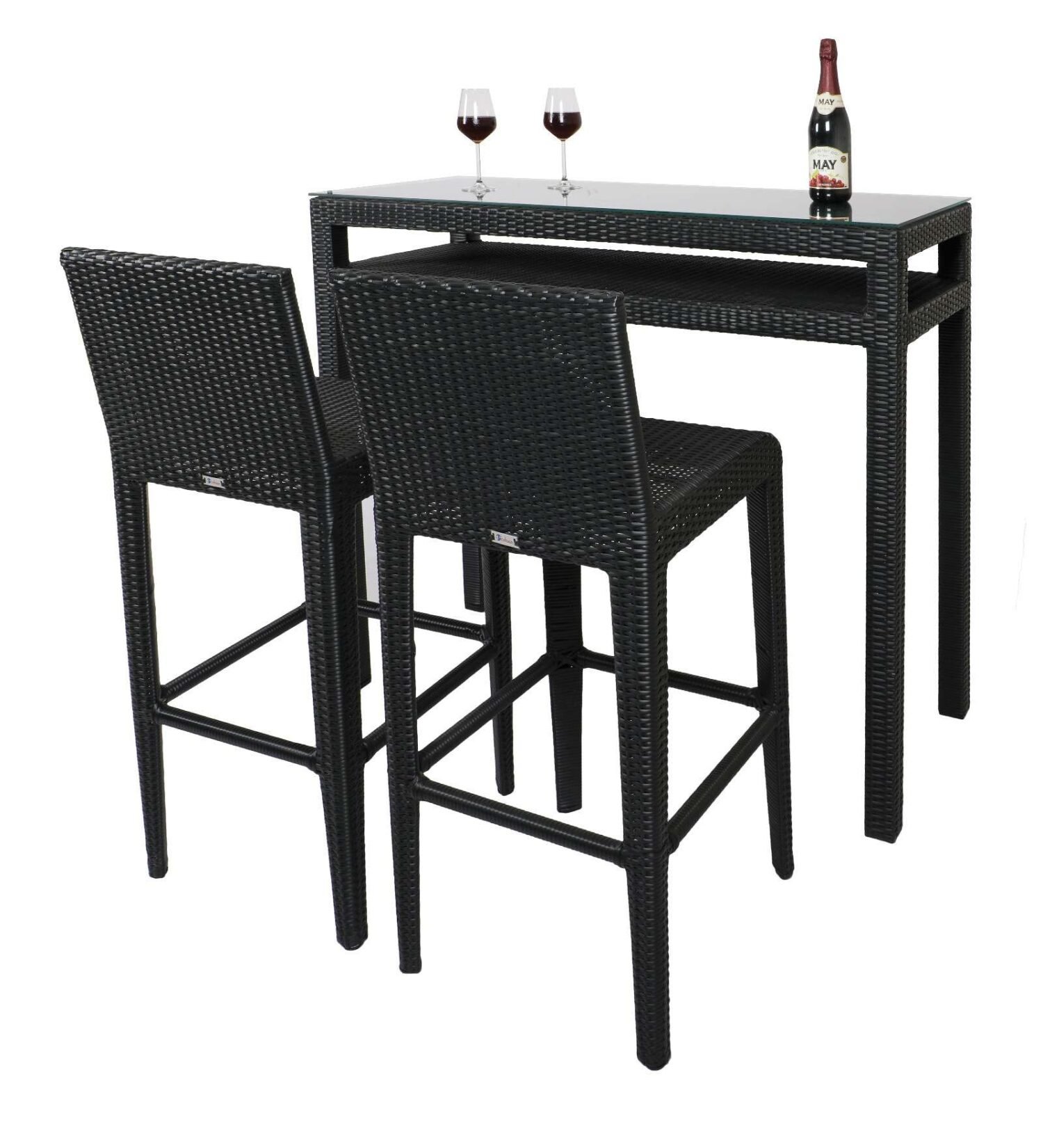 DEVOKO 3-Piece Wicker Outdoor Serving Bar Set Height Table With 2-Stools (Black) - Image 3