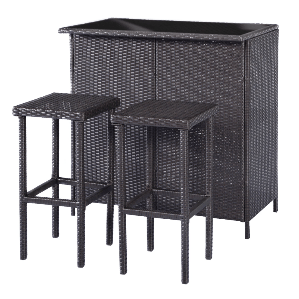 DEVOKO 3 Piece Wicker Patio Outdoor Bar Set With Table & 2 Stools (Dark Brown) - Image 6