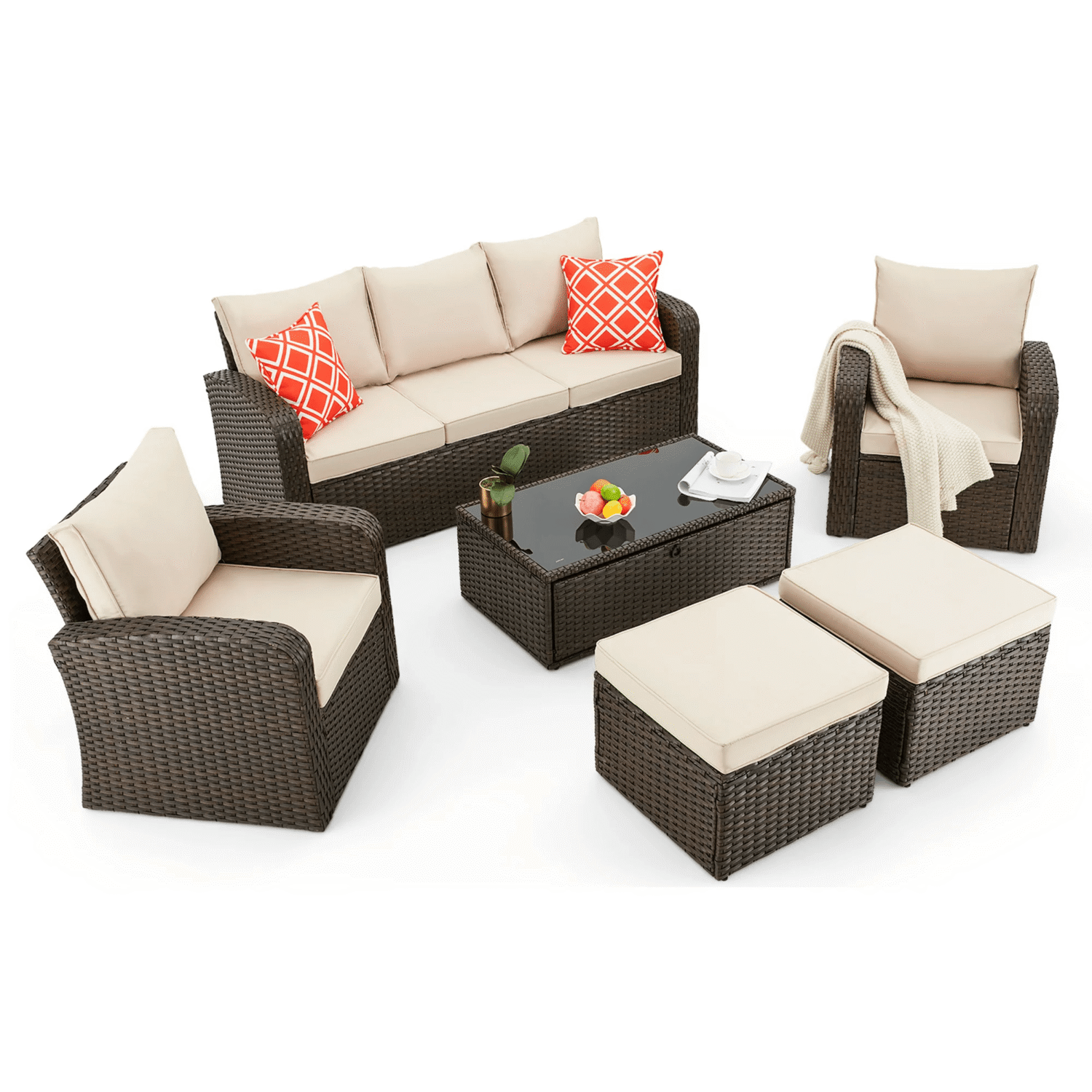 DEVOKO 6 Pieces Outdoor Wicker Dining Patio Furniture Sets with Ottoman(Dark Brown & Cream) - Image 5