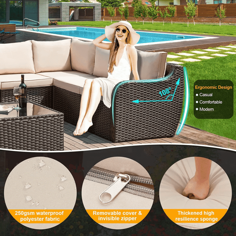 DEVOKO 3 PCS Patio Rattan Furniture Set Sectional Cushioned Sofa(Dark Brown & Cream) - Image 4
