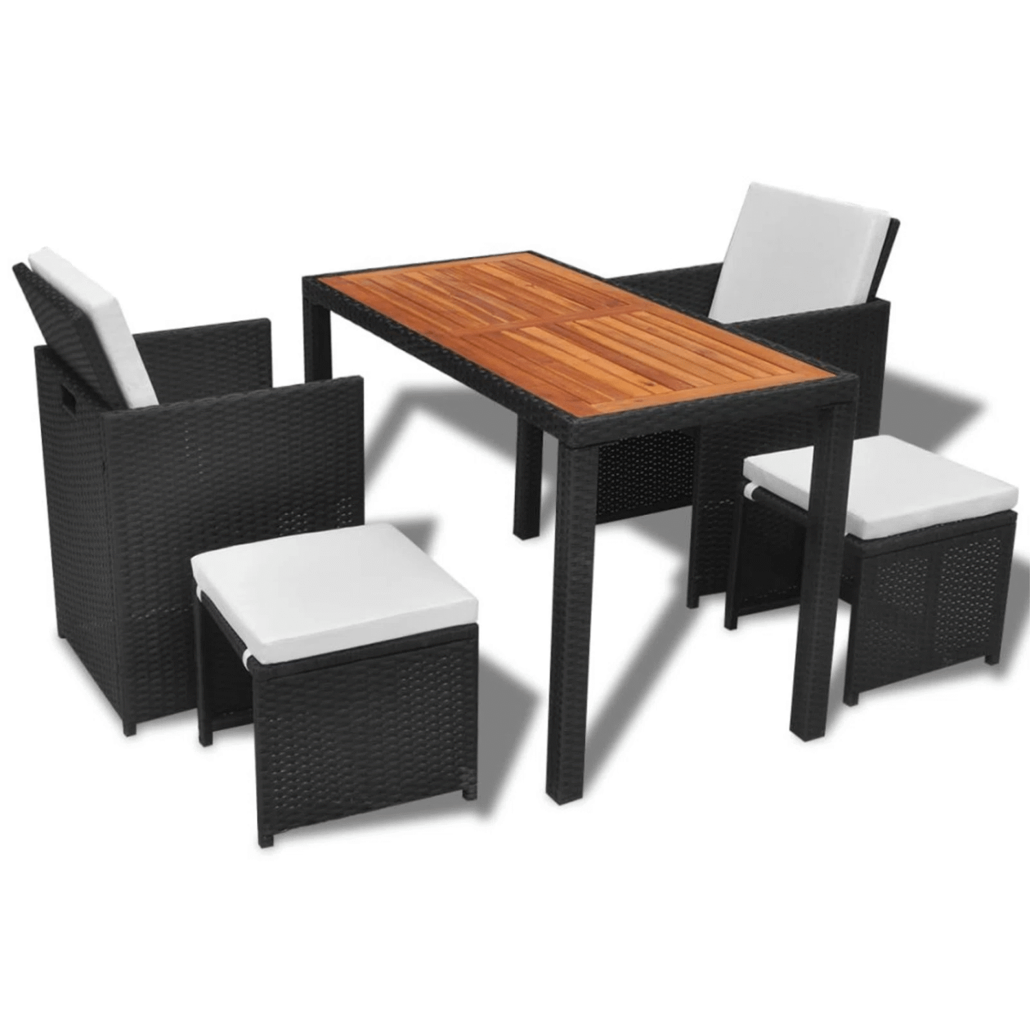 DEVOKO 5 Piece Rattan Wicker Patio Dining Set Furniture With Ottoman & Wood Top Table (Black & White) - Image 3