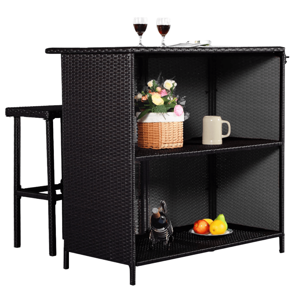 DEVOKO 3 Piece Wicker Patio Outdoor Bar Set With Table & 2 Stools (Dark Brown) - Image 3
