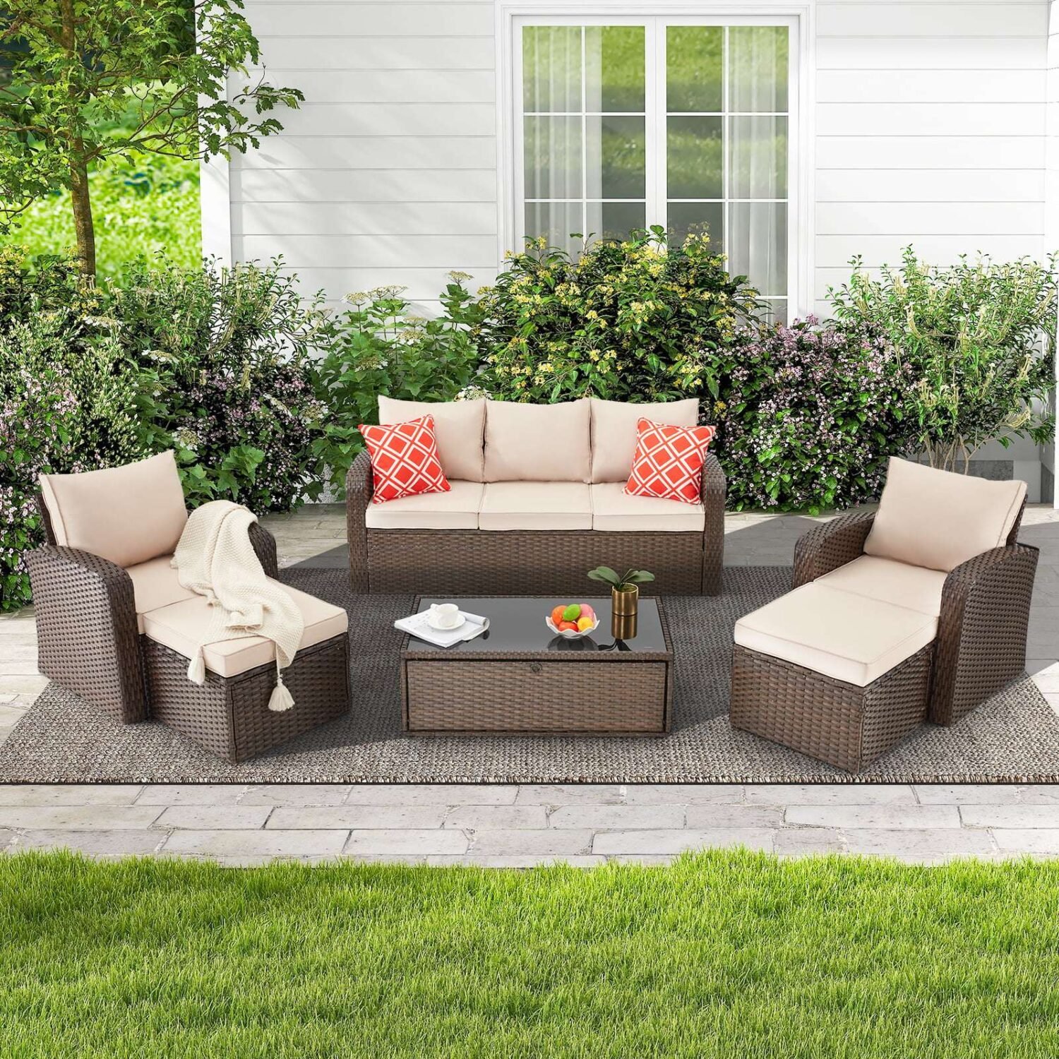 DEVOKO 6 Pieces Outdoor Wicker Dining Patio Furniture Sets with Ottoman(Dark Brown & Cream) - Image 3