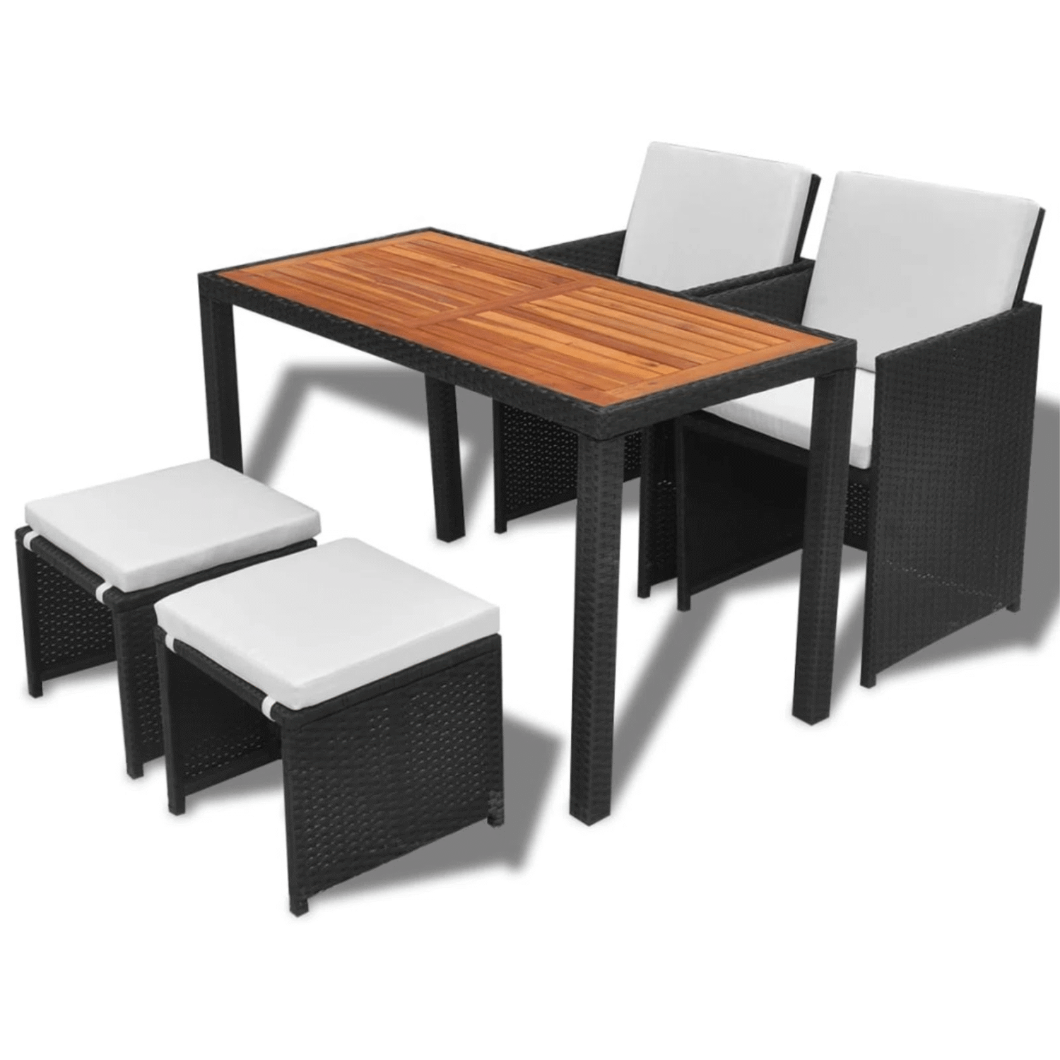 DEVOKO 5 Piece Rattan Wicker Patio Dining Set Furniture With Ottoman & Wood Top Table (Black & White) - Image 4