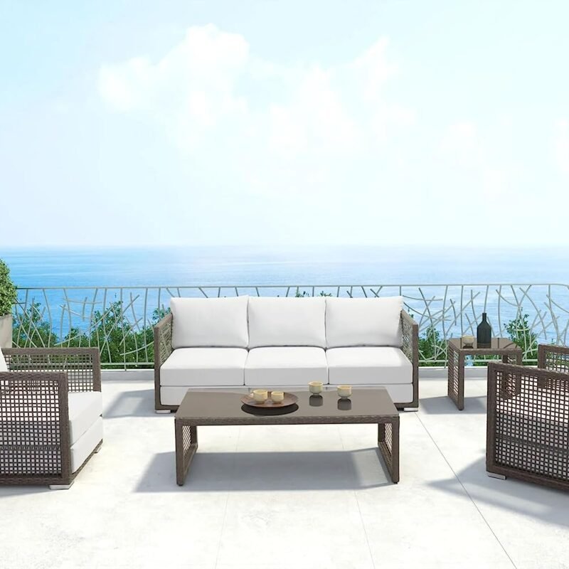 5-Piece Rattan Conversation Set (Dark Brown and White) - Image 5