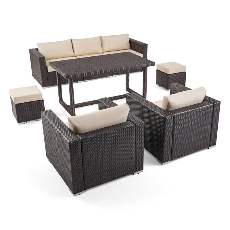 6-Piece Outdoor Patio Dining Set with Table and Chairs (Dark Brown/Cream) - Image 3