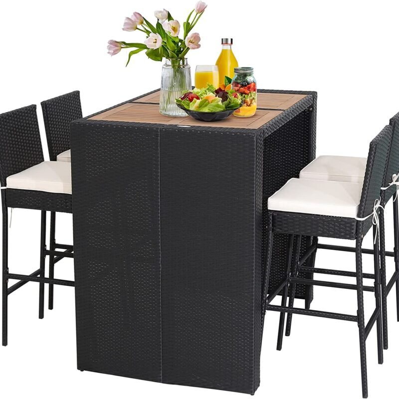 5PCS Rattan Patio Bar Set (Black and White) - Image 3