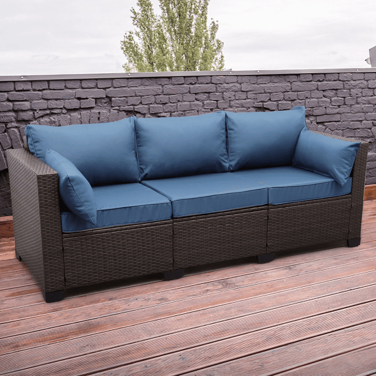 Dark Brown & Navy Blue 3-Seater Patio Wicker Sofa (High Back, Non-Slip Cushioned) - Image 3