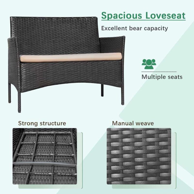 4-Piece Black Rattan Patio Furniture Set with Cream Cushions - Image 7