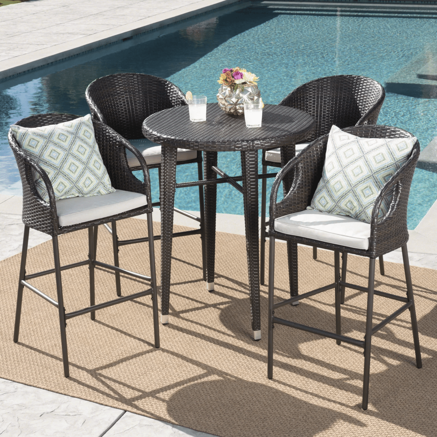 DEVOKO 5-Piece Rattan Wicker Patio Bar Set(Dark Brown & Off-white) - Image 4