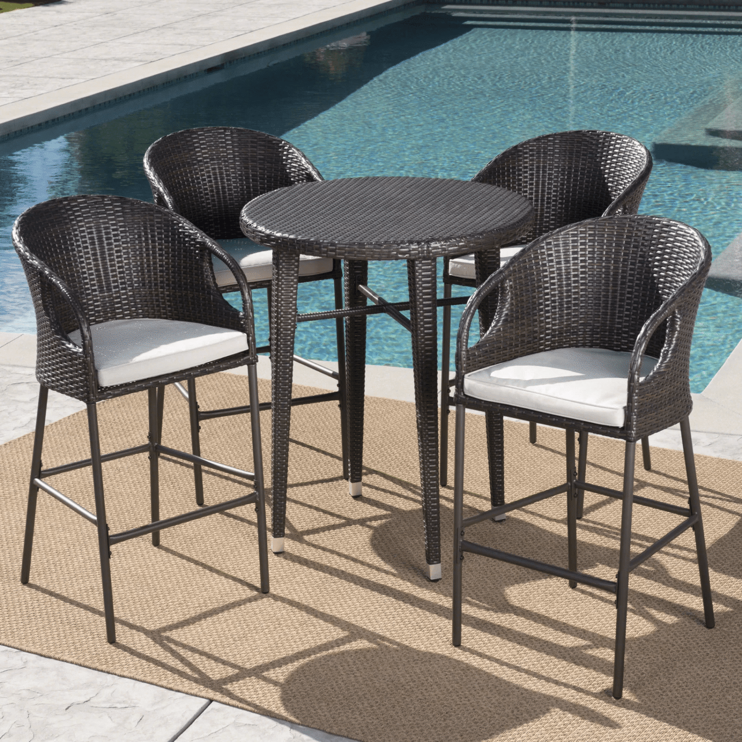 DEVOKO 5-Piece Rattan Wicker Patio Bar Set(Dark Brown & Off-white) - Image 3