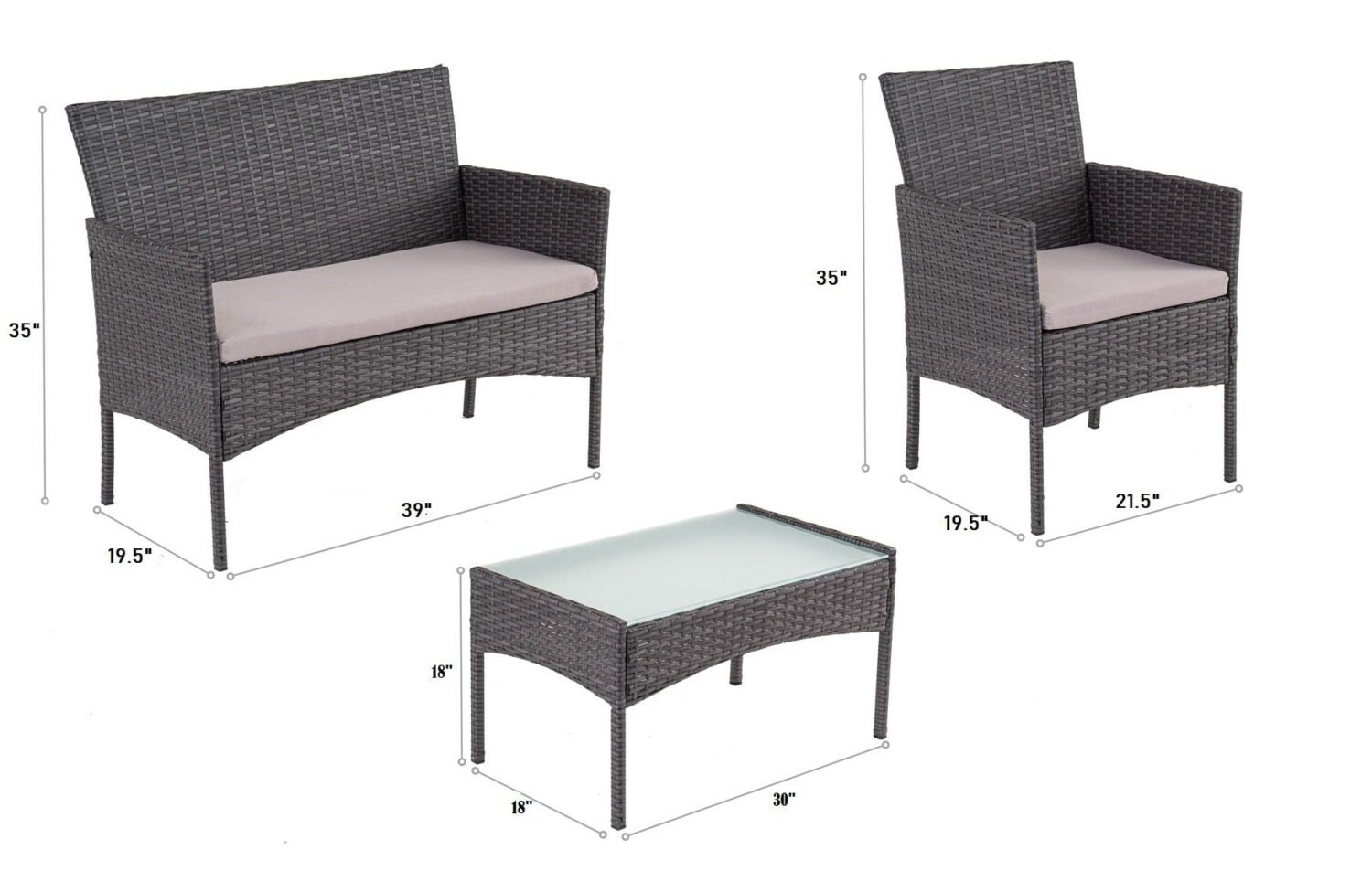 4-Piece Rattan Wicker Patio Furniture Set with Cushions and Glass Table (Black & Cream) - Image 4