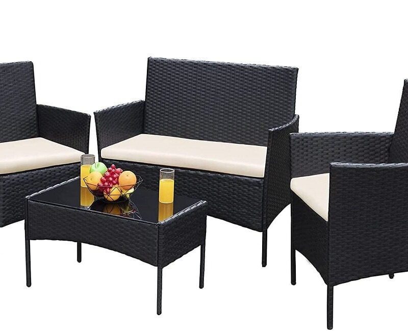 4-Piece Black Rattan Patio Furniture Set with Cream Cushions - Image 2