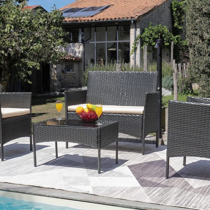 4-Piece Black Rattan Patio Furniture Set with Cream Cushions - Image 3