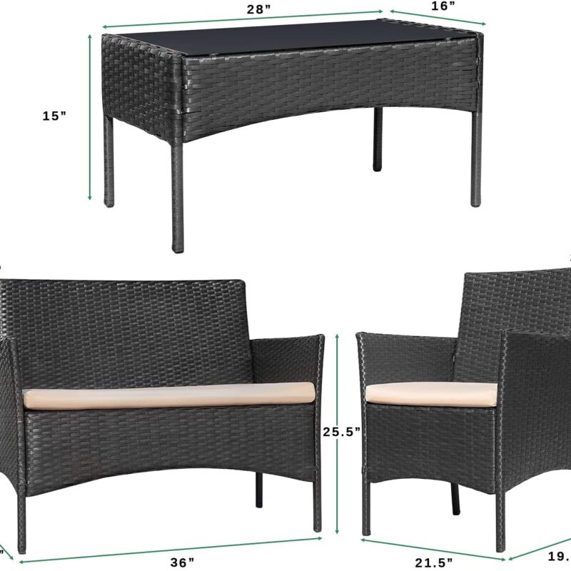 4-Piece Black Rattan Patio Furniture Set with Cream Cushions - Image 4