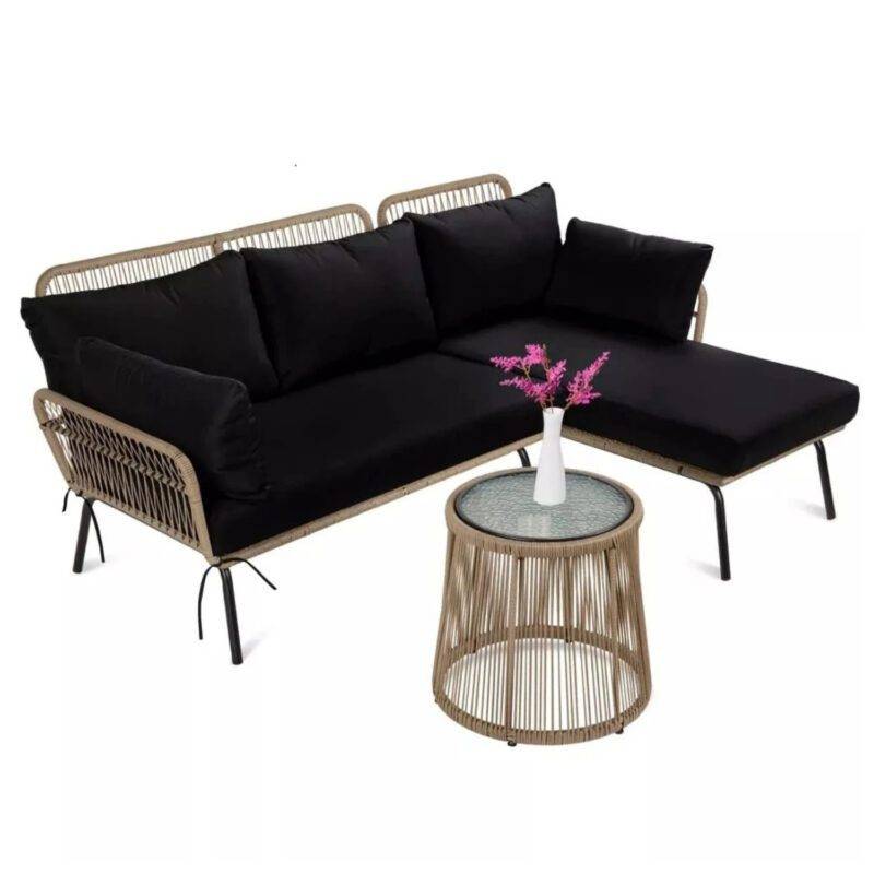 DEVOKO L-Shaped Conversation Sofa Set (Beige/Black)