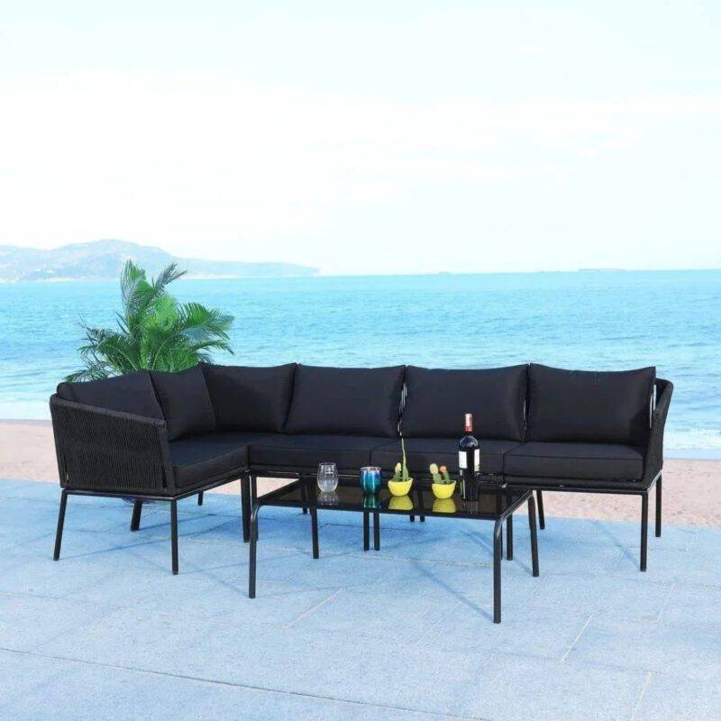 DEVOKO Rope L Shape Sofa Set 3-Pcs (Black)
