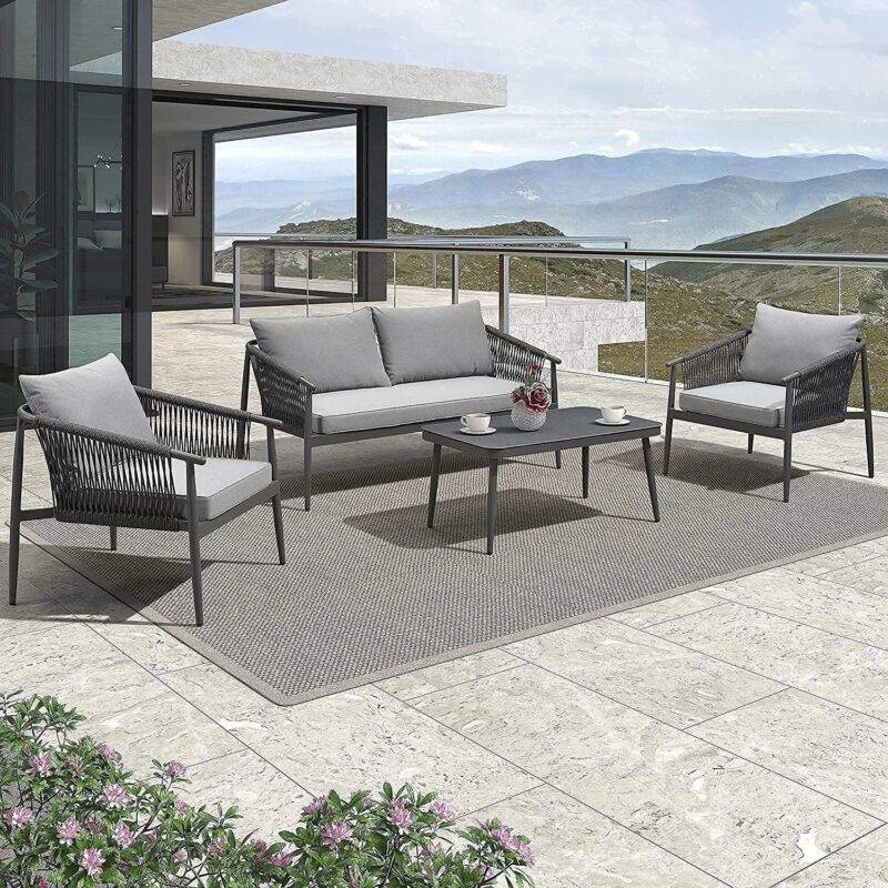 DEVOKO 4 Seater Outdoor Sofa Set (Black & Dark Grey)