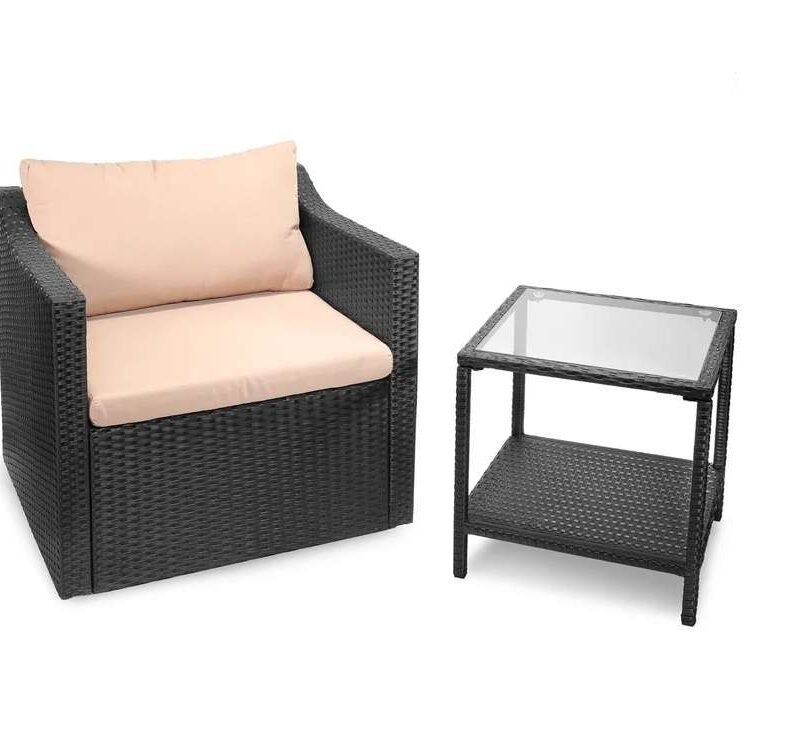 DEVOKO 3-Piece Outdoor Wicker Conversation Bistro Set(Black & Cream) - Image 8