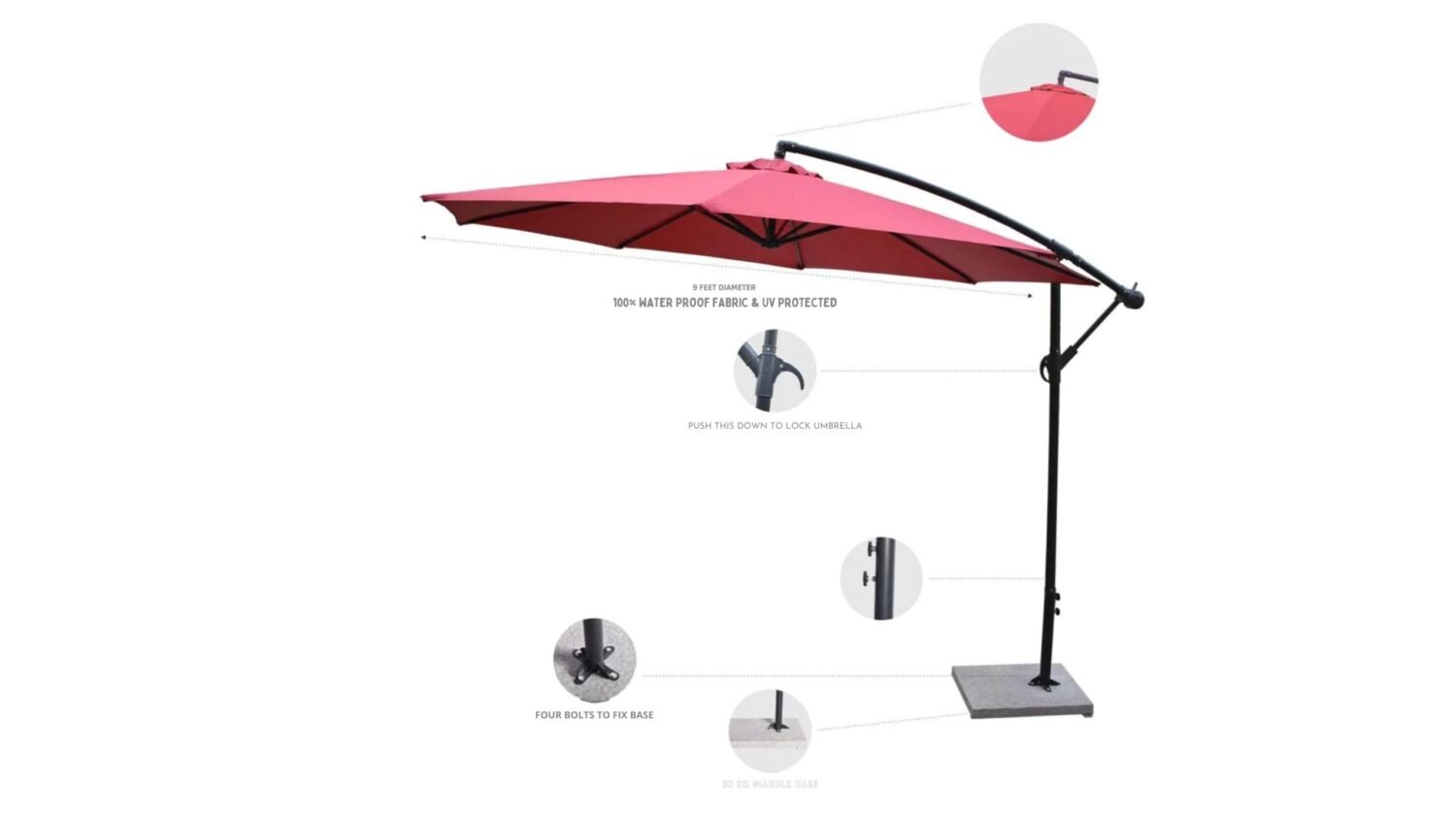 9 Ft Outdoor Offset Cantilever Patio Umbrella with Marble Base & Crank Handle for Backyard(Red) - Image 5