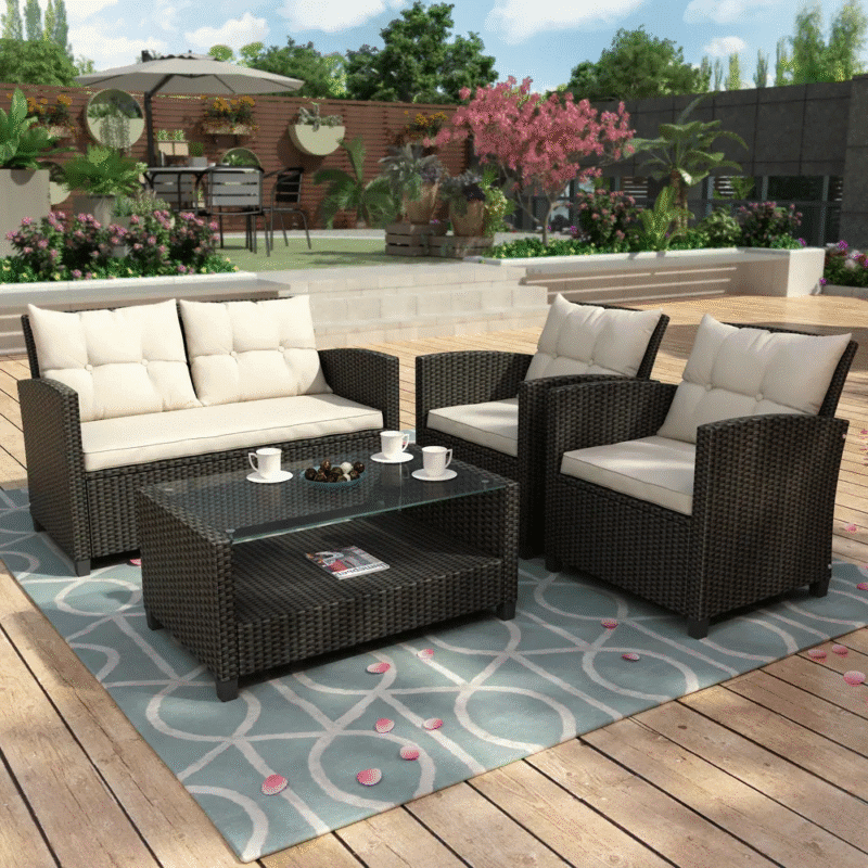 4-Piece Outdoor Wicker Sofa Set HDPE Rattan Sofa & Glass Top Center Table(Black & Cream) - Image 7
