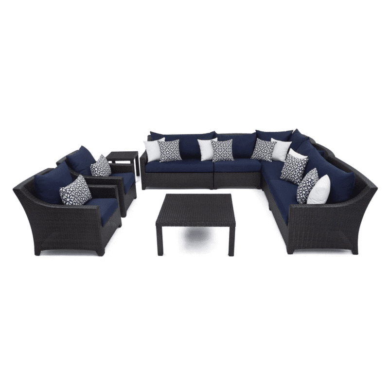 Outdoor Wicker 9 Seater Sectional Sofa Set with Side and Center Table (Dark Brown & Navy Blue) - Image 5