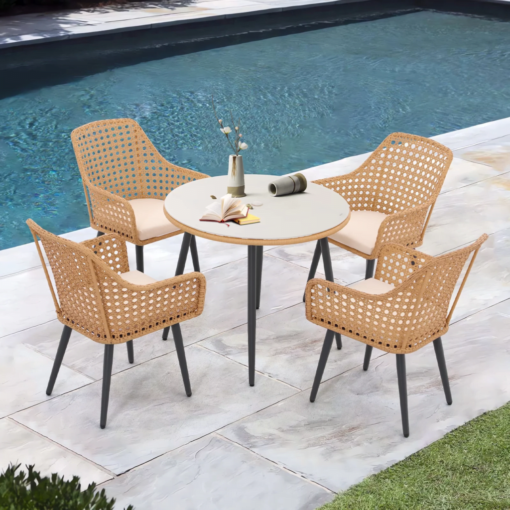 5 Piece Wicker Outdoor Indoor Space Saving Dining Set(Beige & Cream)Table Without Glass Top - Image 3