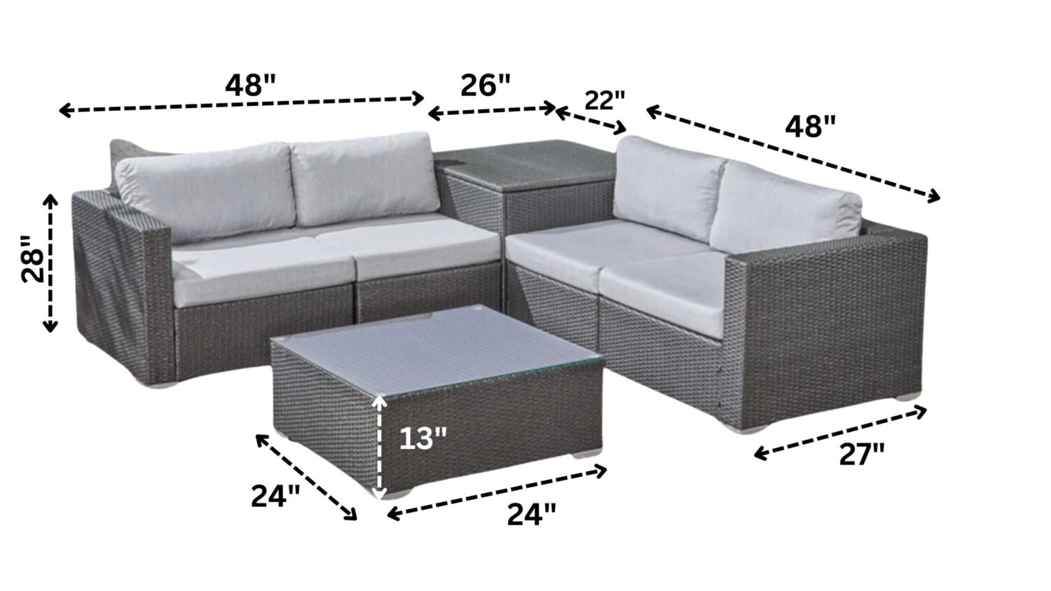 4 Piece Outdoor Wicker Furniture Patio Sofa Set with Glass Top Coffee Table and Side Table(Dark Brown & Grey) - Image 2