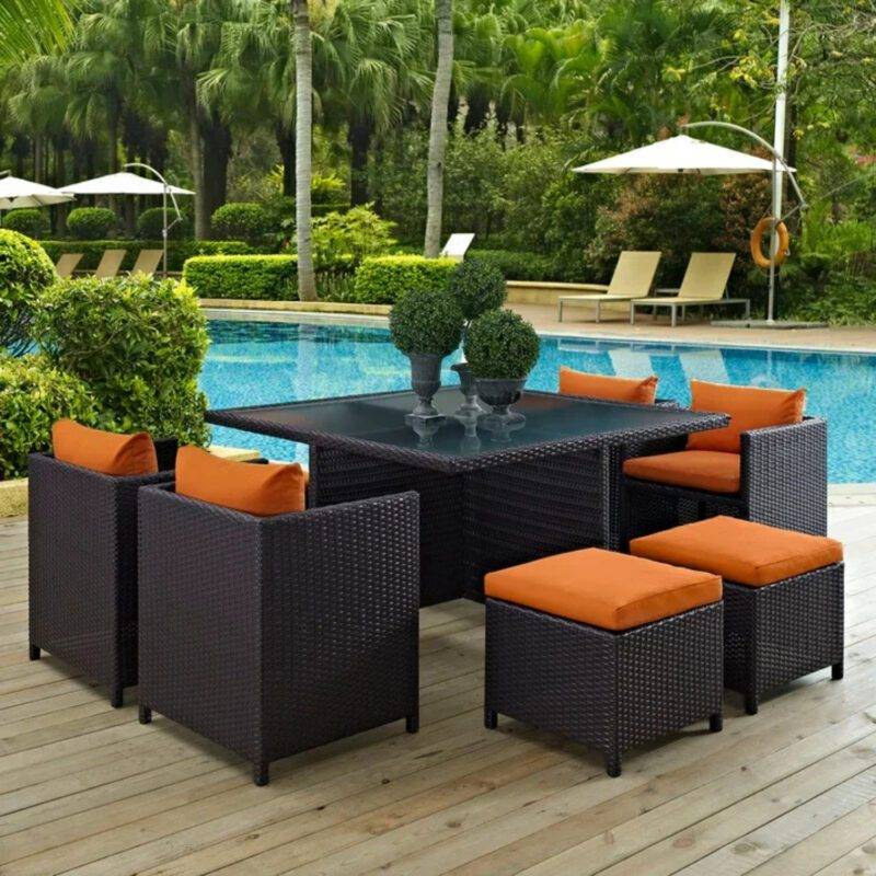 7 Piece Outdoor Wicker Dining Set With Ottoman And Table(Dark Brown & Orange)Table Without Glass Top