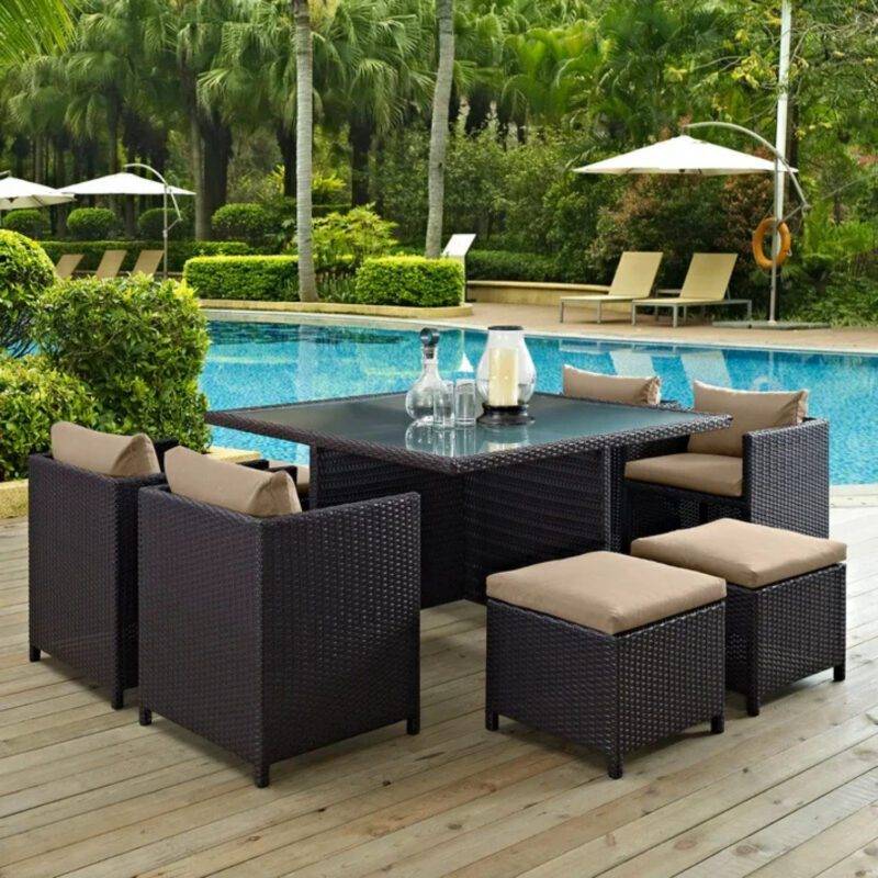 7 Piece Outdoor Wicker Dining Set With Ottoman And Table(Black & Beige) Table Without Glass Top