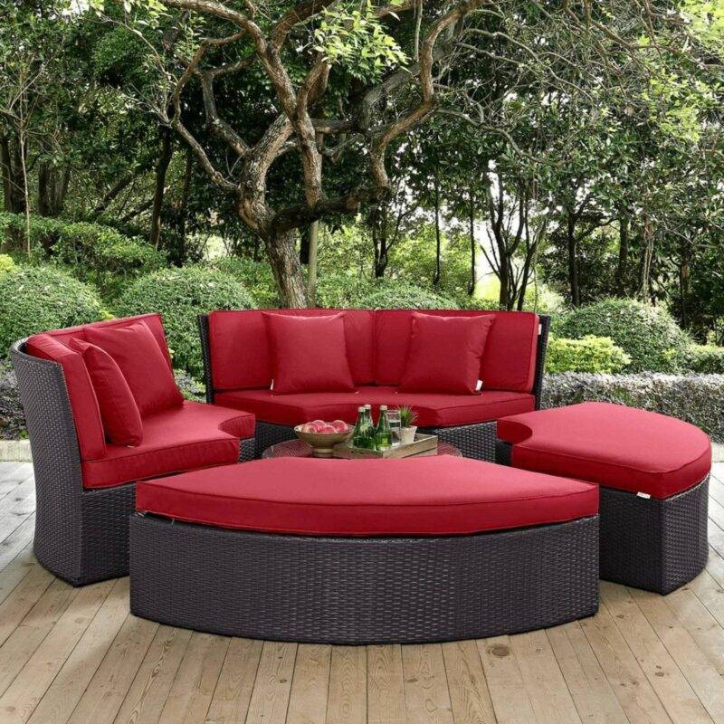 Wicker Outdoor Patio Round Daybed With Coffee Table(Dark Brown & Red)