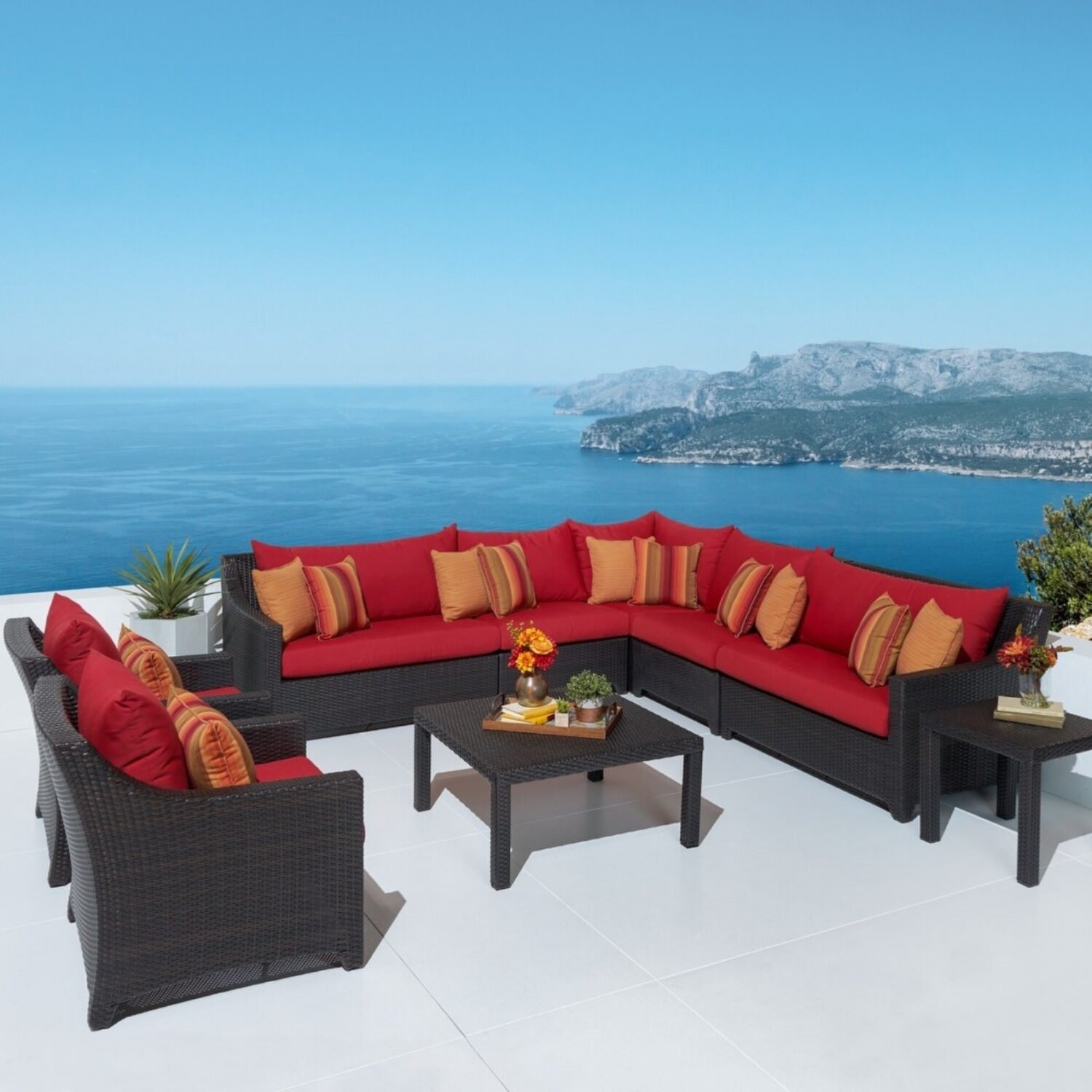 Outdoor Wicker 9 Seater Sectional Sofa Conversation Set with Side and Center Table (Dark Brown & Red)