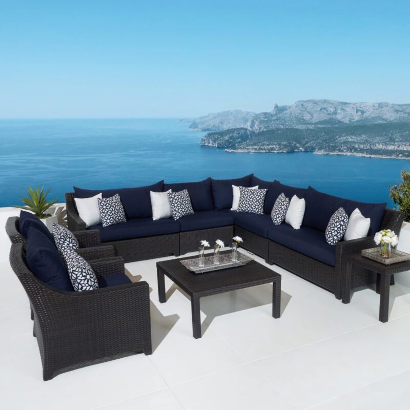 Outdoor Wicker 9 Seater Sectional Sofa Set with Side and Center Table (Dark Brown & Navy Blue)