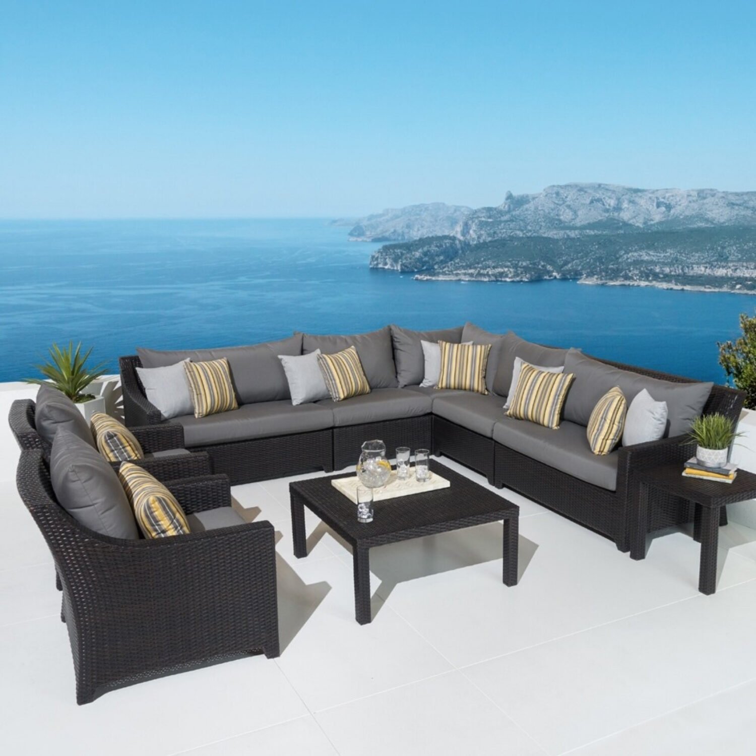 Outdoor Wicker 9 Seater Sectional Sofa Set with Side and Center Table(Dark Brown & Grey)