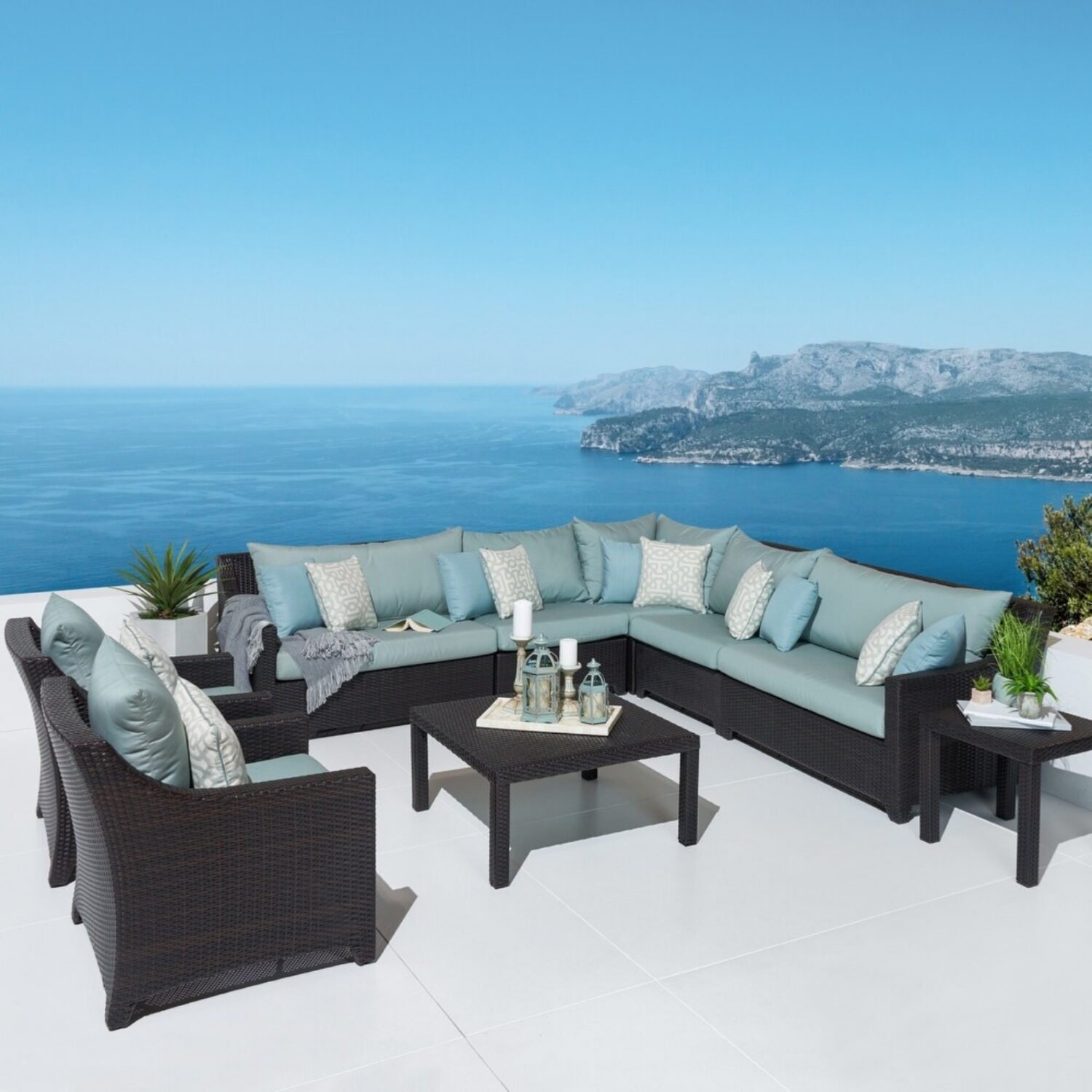 Wicker Rattan Outdoor 9 Seater Sectional Sofa Conversation Set with Side and Center Table(Dark Brown & Sky Blue)