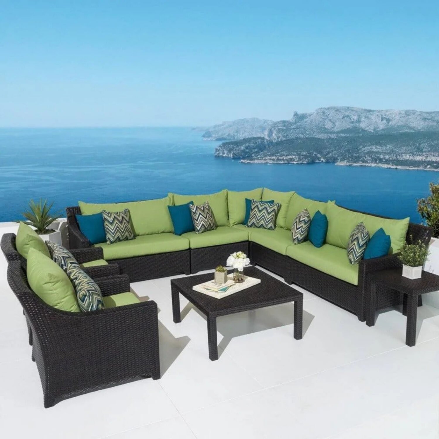 Rattan Waterproof Outdoor 9 Seater Sectional Sofa Set with Side and Center Table(Dark Brown & Green)