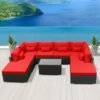 Outdoor 8 Seater Black Rattan Sectional Sofa Set with Red Cushions