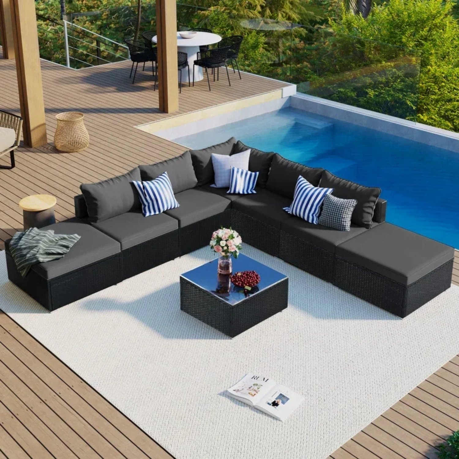 Rattan L-Shape Outdoor Wicker Sofa Couch with Ottoman & Square Glass Top Coffee Table (Black & Grey)