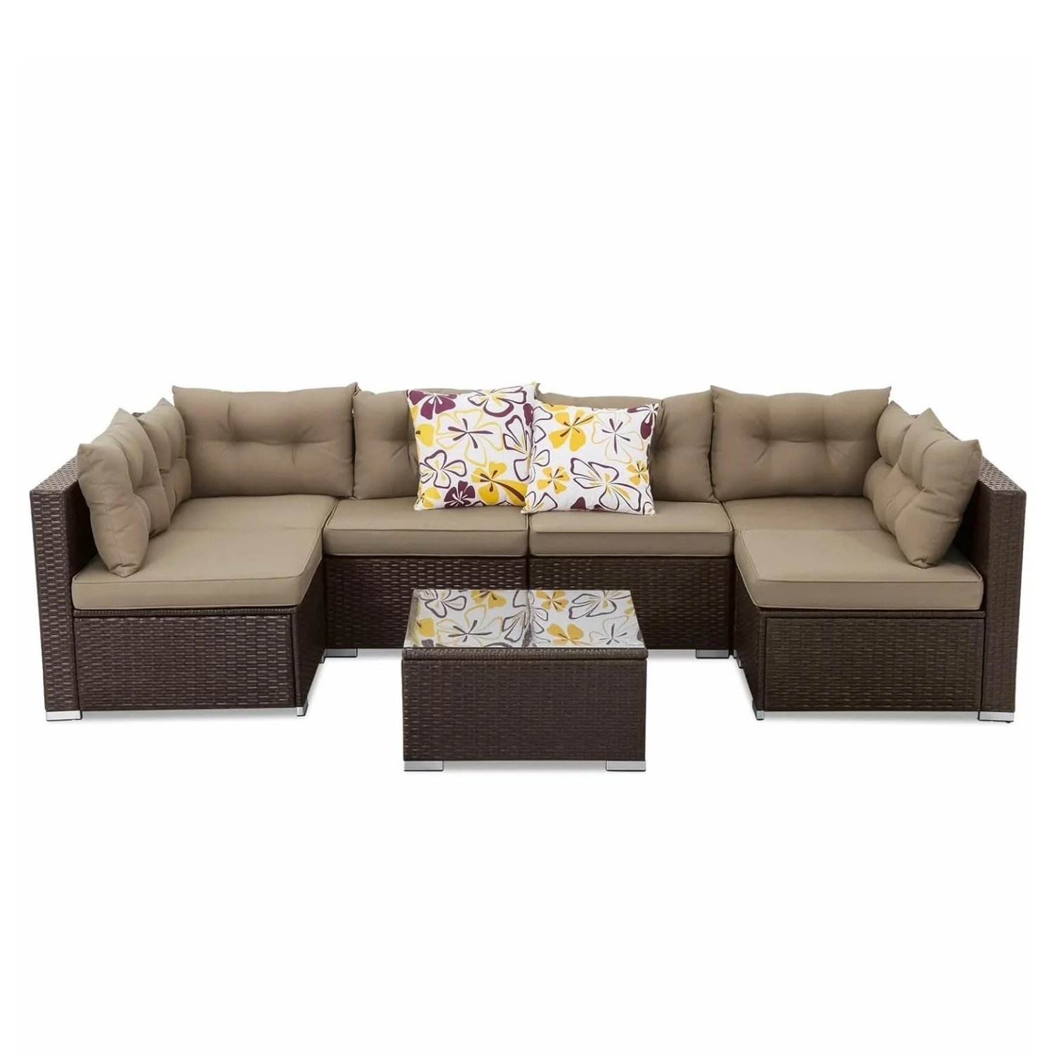 6 Seater Patio Outdoor Indoor All-Weather Sectional Sofa Set for Garden(Dark Brown & Beige)