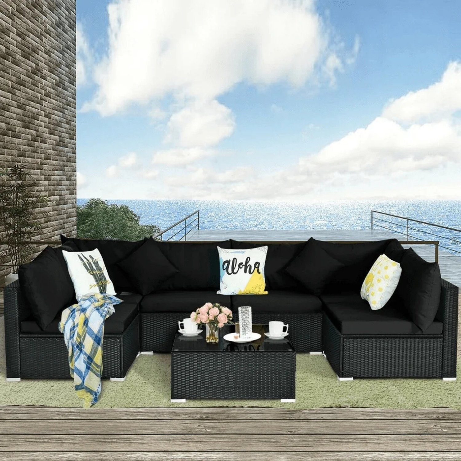 6 Seater Black Wicker Rattan All Weather Furniture with Glass Top Table